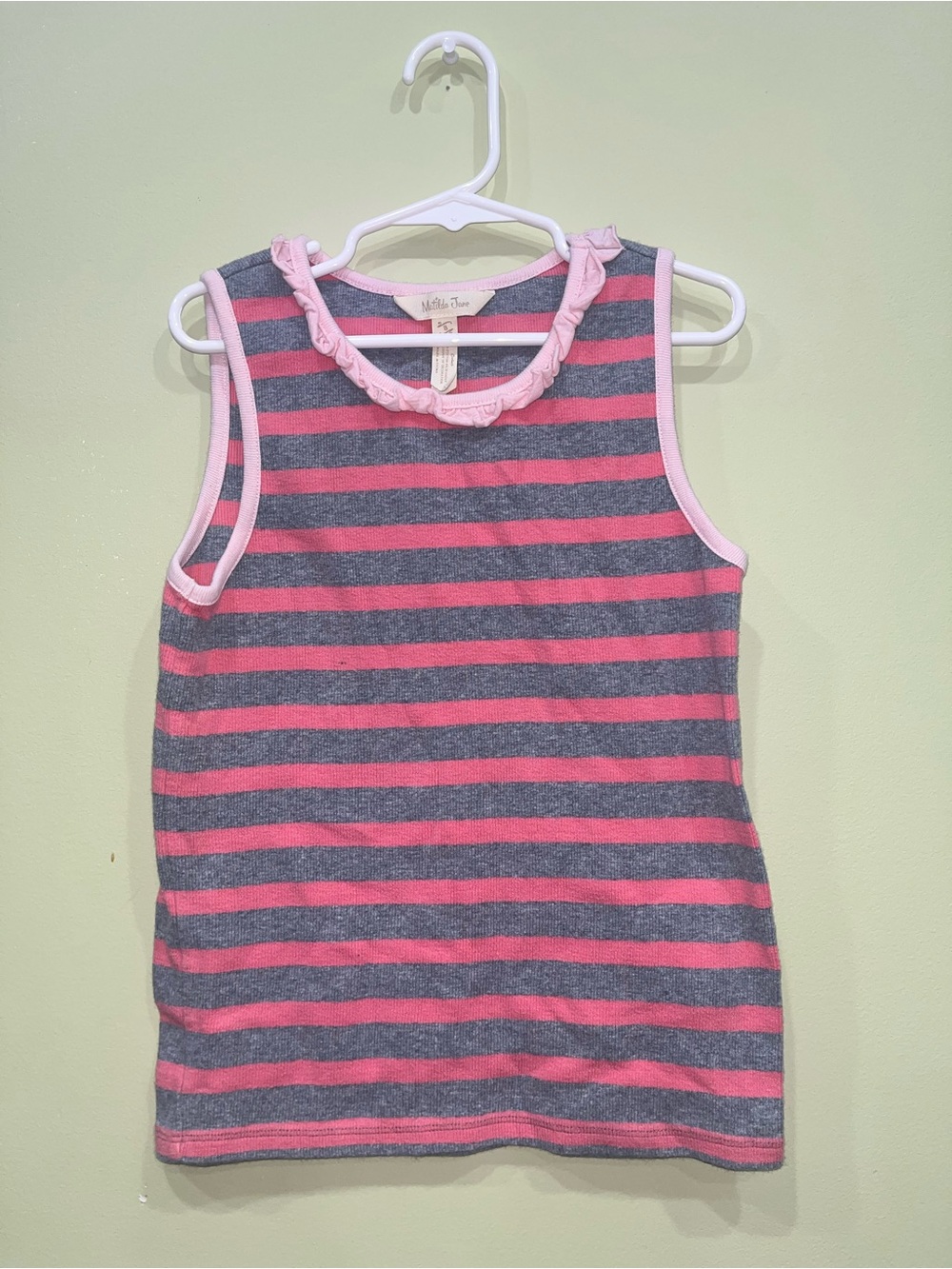 Matilda Jane Travel Log Gray Pink Striped Ruffle Tank Top Size 8